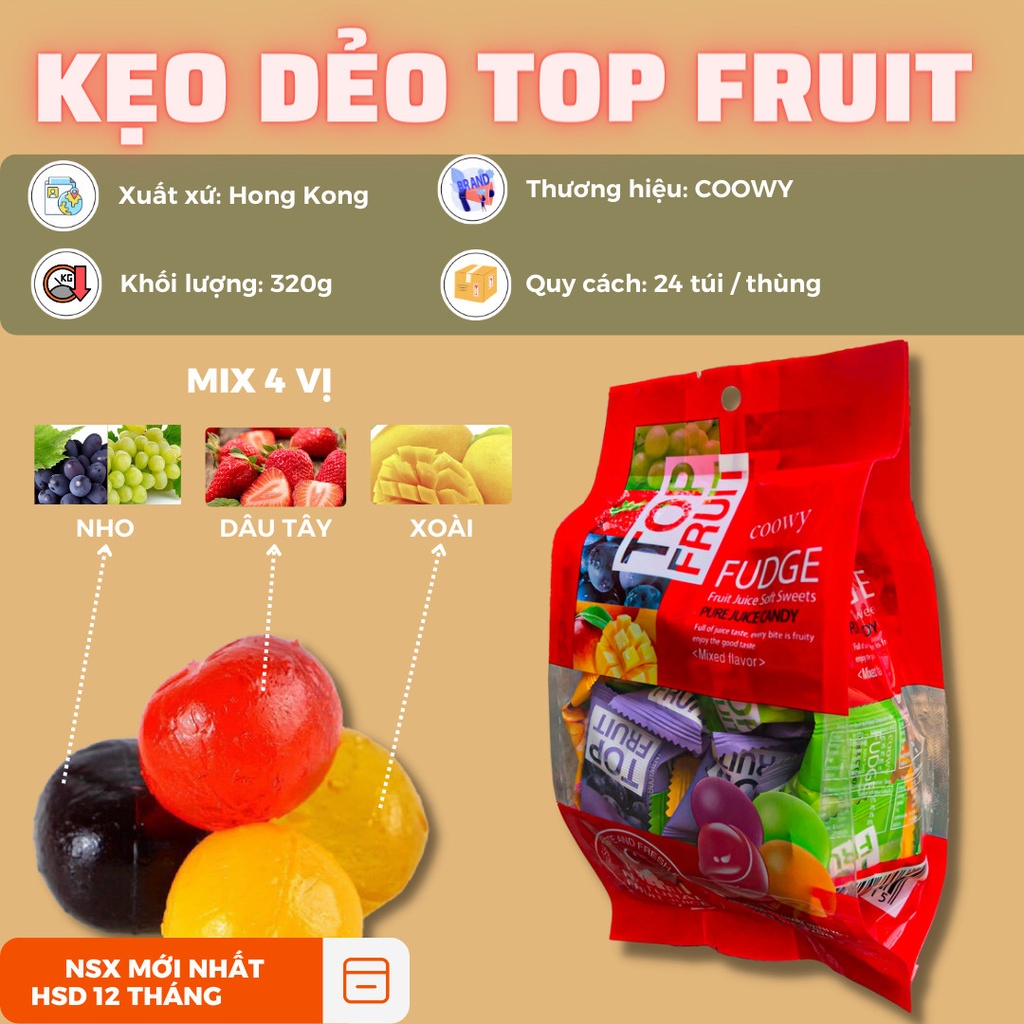 MIX ĐỎ - Kẹo Top Fruit coowy tổng hợp màu đỏ 280gr