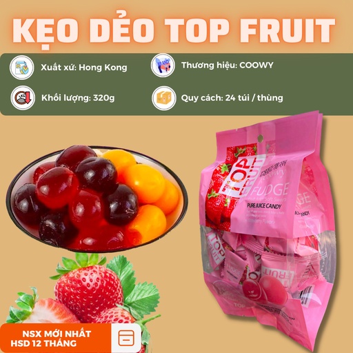 [CML00110] Kẹo Top Fruit coowy vị dâu màu hồng 320gr